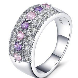 Platinum Plated CZ Amethyst Band Ring